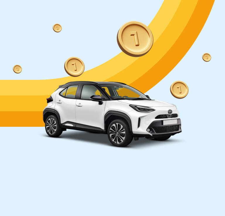 一辆以 DiscoverCars.com 黄色硬币和彩虹为背景的白色 SUV